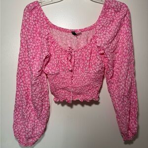 H&M Pink Floral Smocked Long Sleeve Spring Crop Top